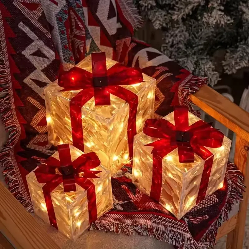 Set de 3 cajas de regalo iluminadas con luces LED para decoración navideña