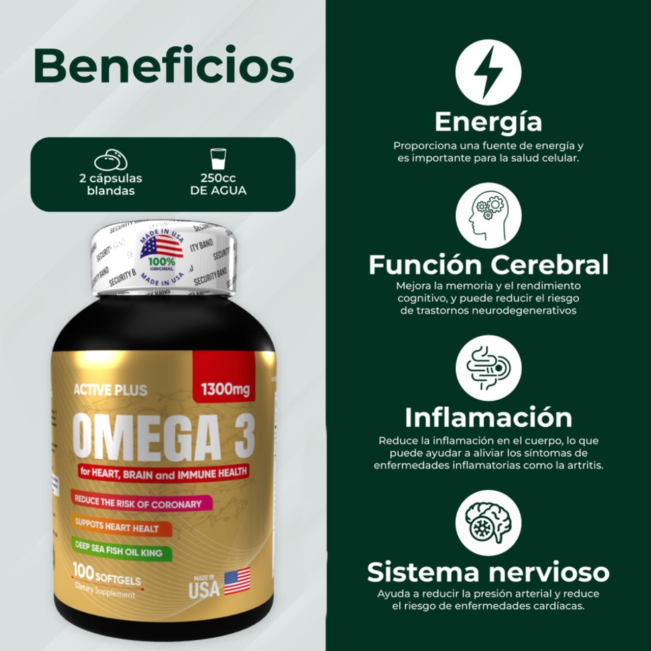 Active Plus Omega 3 1300mg, 100 softgels, hecho en USA, salud cardíaca y cerebral